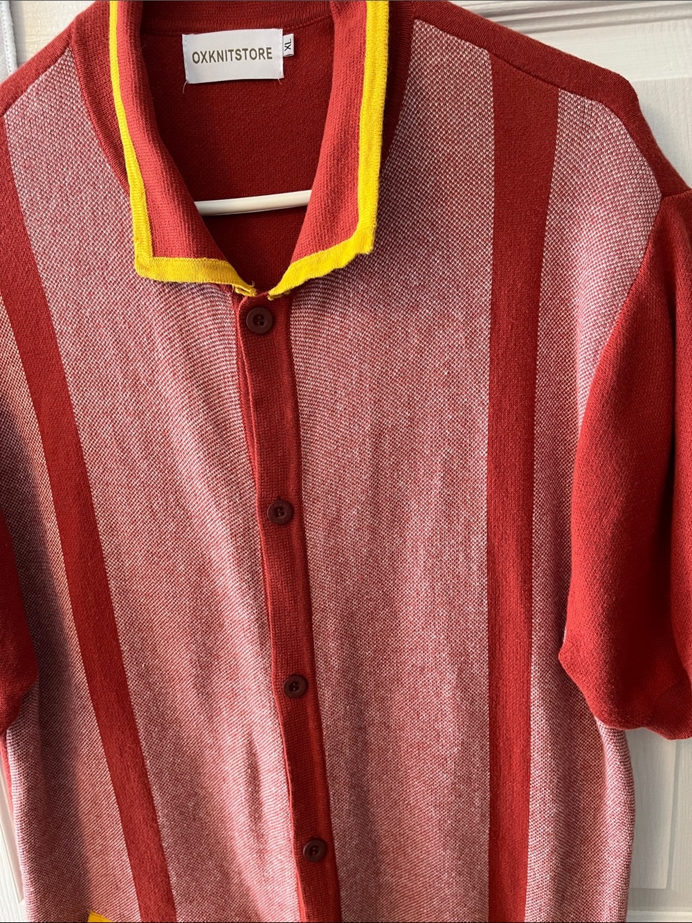 OXKNITSTORE Men's Red Short-Sleeve Button Cardigan with Yellow Trim - Picture 5 of 5